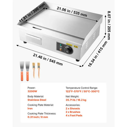 Plancha électrique inox de comptoir 220 V – 50 à 300 °C – variante 22 pouces