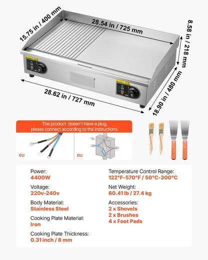 Plancha électrique inox de comptoir 220 V – 50 à 300 °C – variante 28,5 pouces – demi-lisse