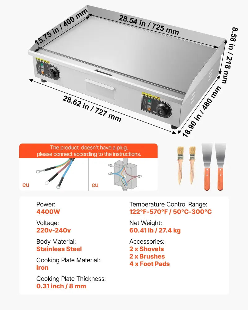 Plancha électrique inox de comptoir 220 V – 50 à 300 °C – variante 28,5 pouces – lisse