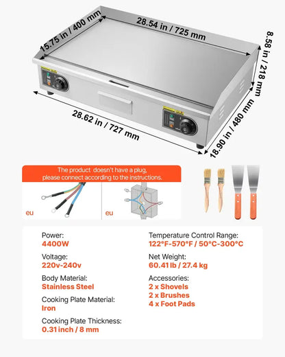 Plancha électrique inox de comptoir 220 V – 50 à 300 °C – variante 28,5 pouces – lisse