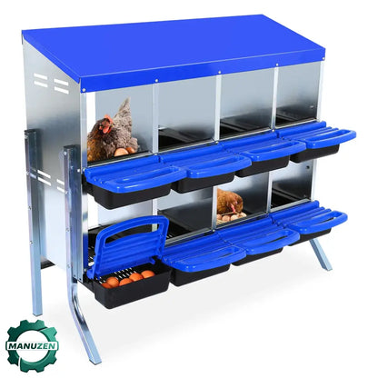 Pondoir collectif galvanisé pour poules – 6 à 10 cases – variante 8 cases – bleu – avec pieds
