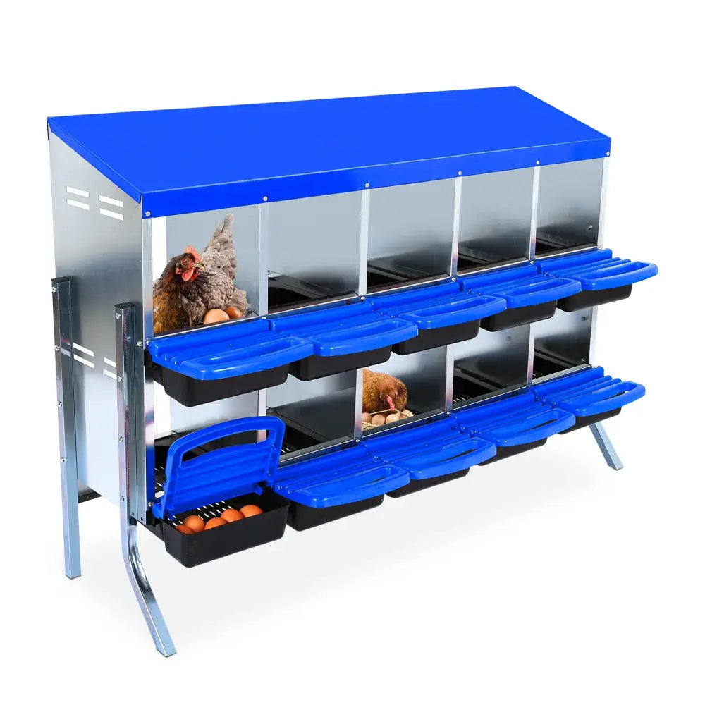 Pondoir collectif galvanisé pour poules – 6 à 10 cases – variante 10 cases – bleu – avec pieds