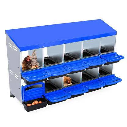 Pondoir collectif galvanisé pour poules – 6 à 10 cases – variante 10 cases – bleu – sans pieds