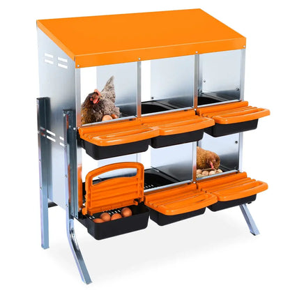 Pondoir collectif galvanisé pour poules – 6 à 10 cases – variante 6 cases – orange – avec pieds