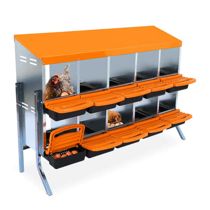 Pondoir collectif galvanisé pour poules – 6 à 10 cases – variante 10 cases – orange – avec pieds