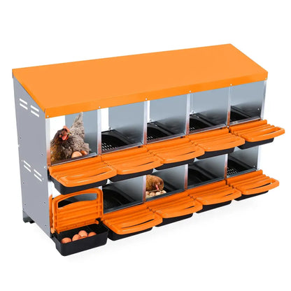 Pondoir collectif galvanisé pour poules – 6 à 10 cases – variante 10 cases – orange – sans pieds