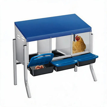 Pondoir pour poules en métal – 3 ou 4 cases, sur pieds – 3 cases – bleu – avec pieds