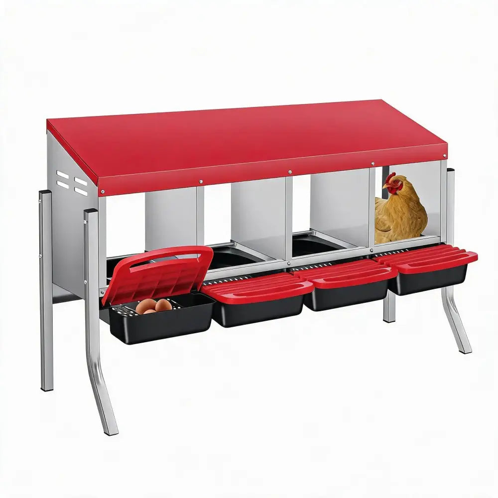 Pondoir pour poules en métal – 3 ou 4 cases, sur pieds – 4 cases – rouge – avec pieds