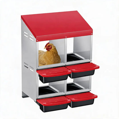 Pondoir pour poules en métal – 3 ou 4 cases, sur pieds – 4 cases – rouge – double niveau