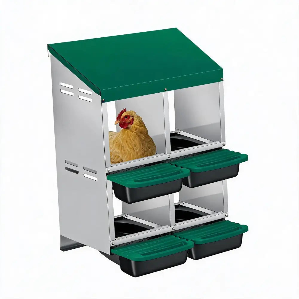 Pondoir pour poules en métal – 3 ou 4 cases, sur pieds – 4 cases – vert – double niveau