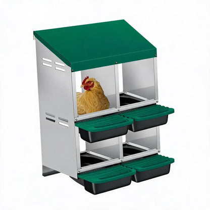 Pondoir pour poules en métal – 3 ou 4 cases, sur pieds – 4 cases – vert – double niveau