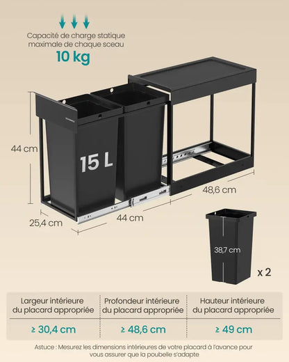 Poubelle de cuisine extractible 2 × 15 ou 2 × 20 L – tri sélectif - Poubelle extractible de tri sélectif