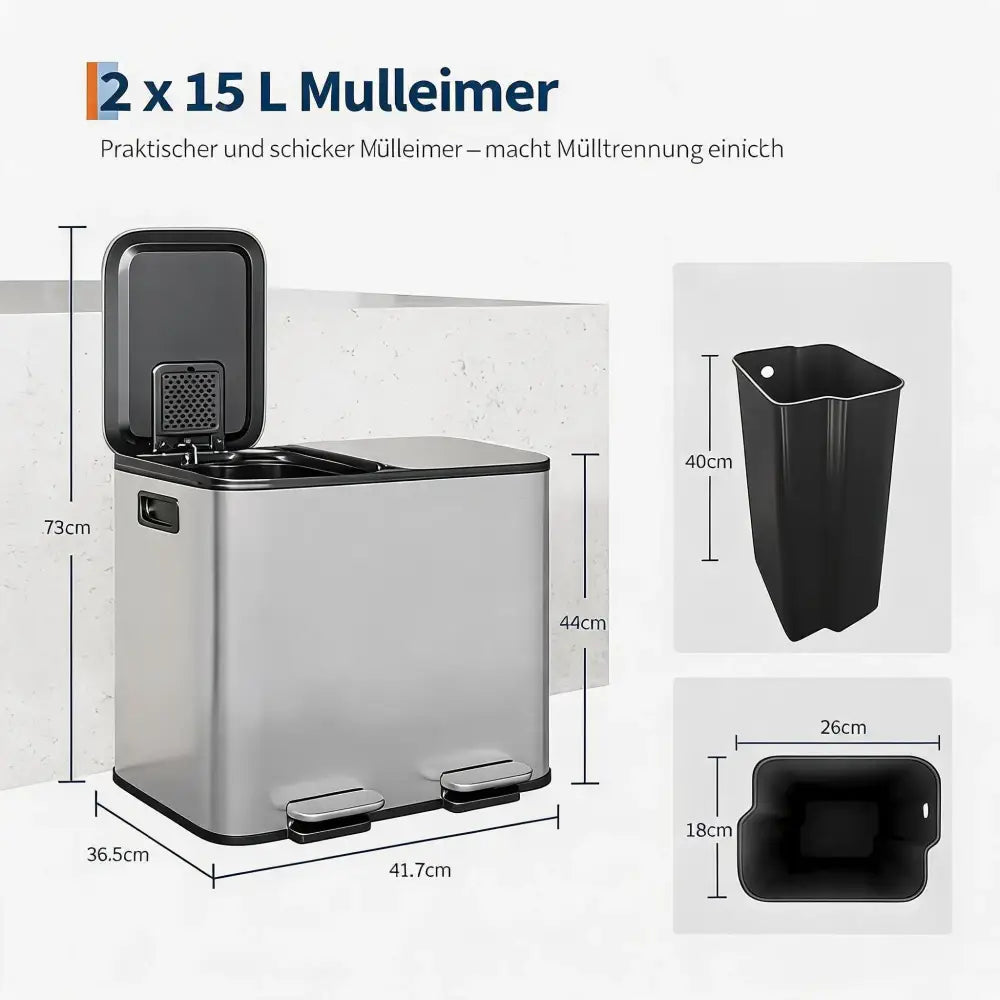 Poubelle tri sélectif inox 30 L – 2 bacs de 15 L - Allemagne - poubelle tri sélectif inox 30 litres