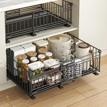 Rangement coulissant sous évier extensible – acier sans perçage - Lot de 2 / France - Organisateur coulissant sous évier