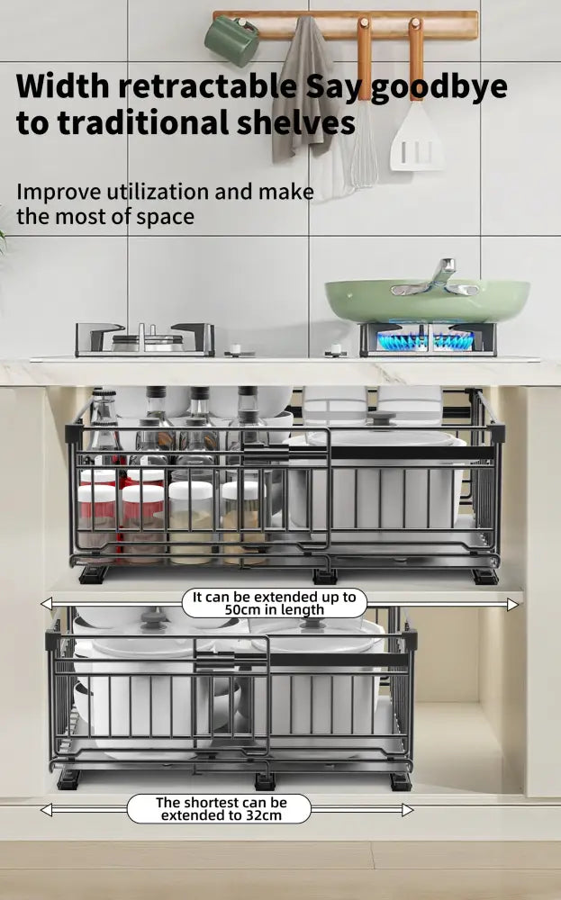 Rangement coulissant sous évier extensible – acier sans perçage - Organisateur coulissant sous évier