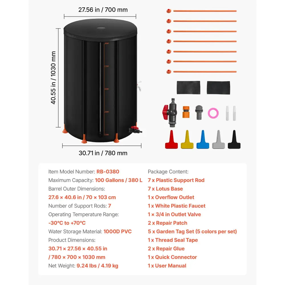 Récupérateur d’eau de pluie pliable 200 à 380 L – PVC 1000D 380 L (100 gal)