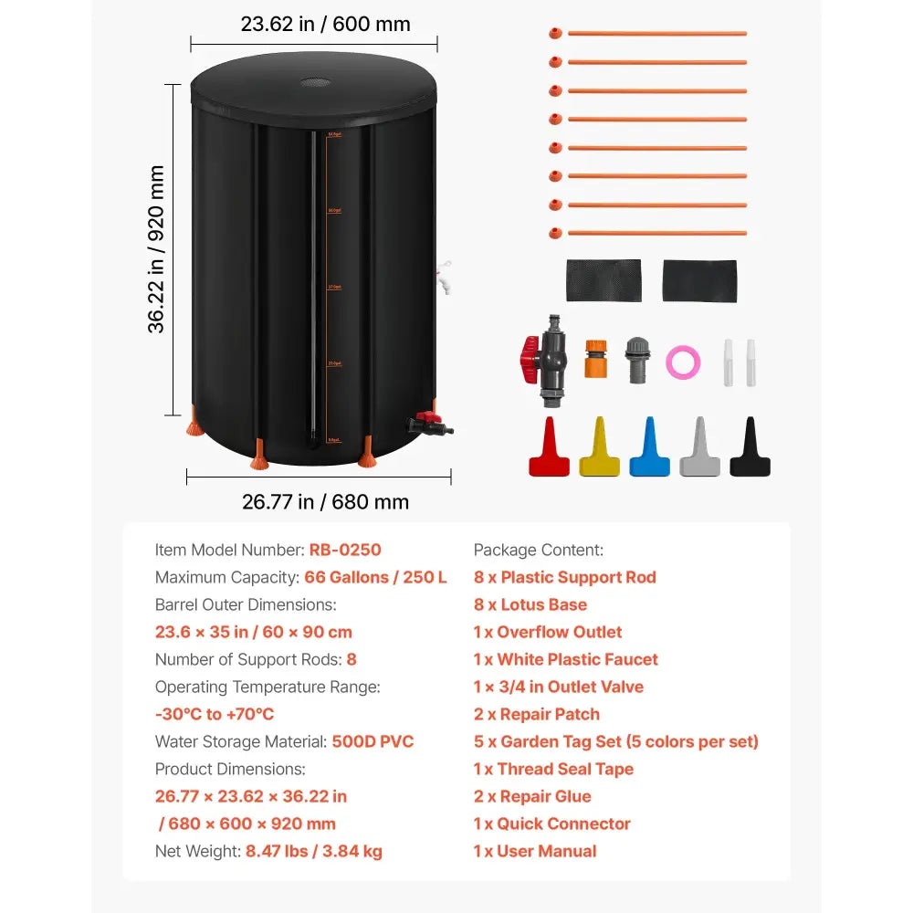 Récupérateur d’eau de pluie pliable 200 à 380 L – PVC 1000D 250 L (66 gal)