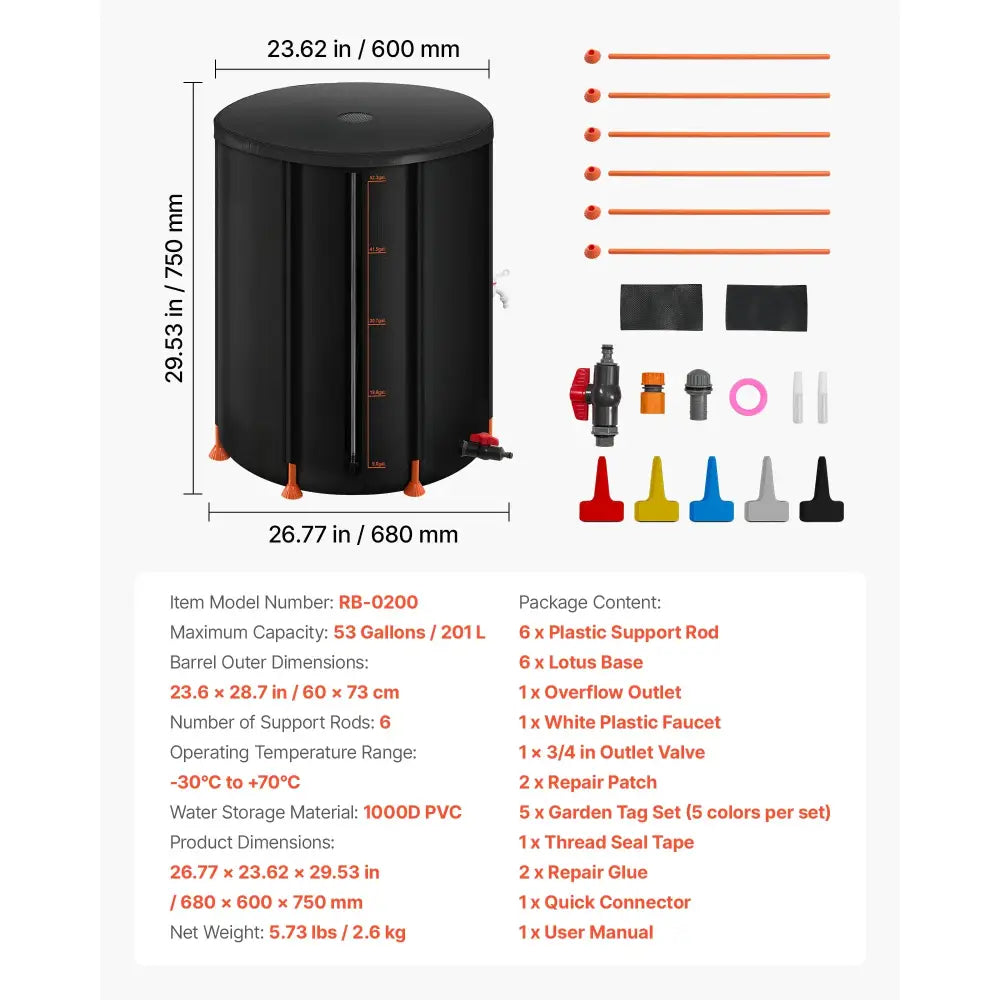 Récupérateur d’eau de pluie pliable 200 à 380 L – PVC 1000D 200 L (53 gal)
