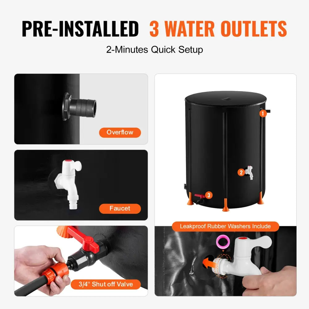 Récupérateur d’eau de pluie pliable 380 L – robinet et trop-plein