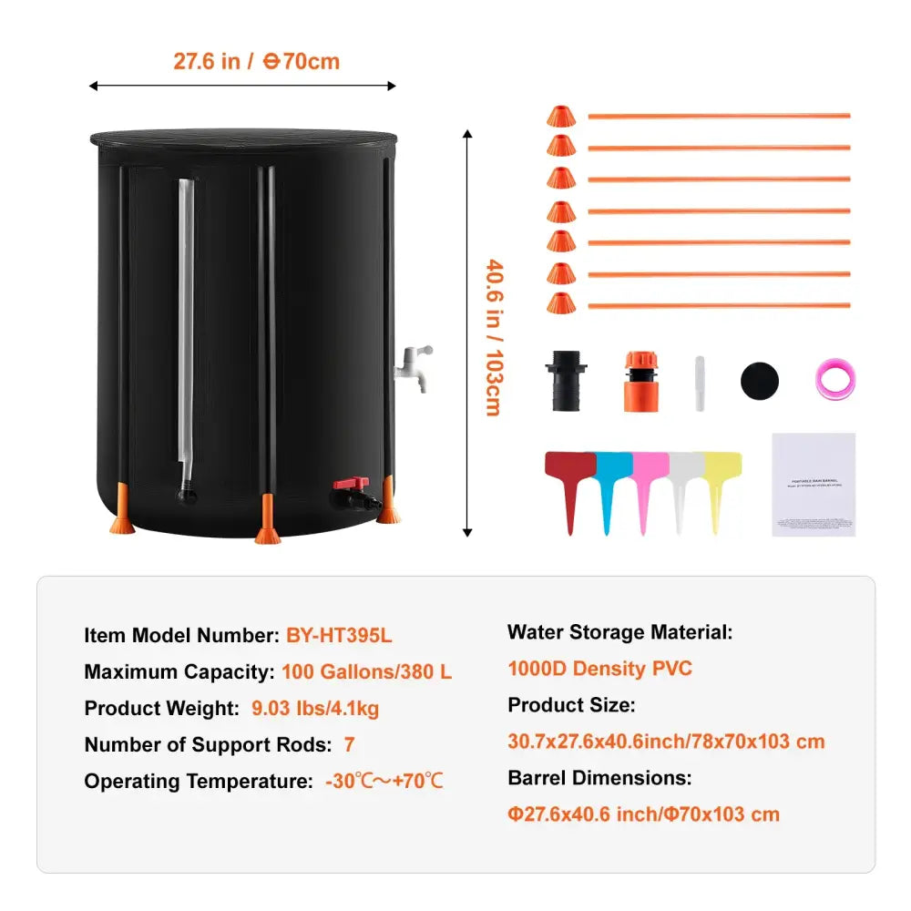 Récupérateur d’eau de pluie pliable 380 L – robinet et trop-plein 380 L (100 gal) France