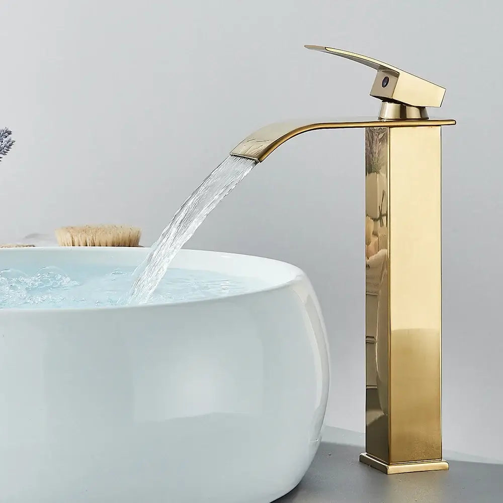 Robinet cascade lavabo — bas ou haut, 3 finitions Haut – Doré brossé Allemagne