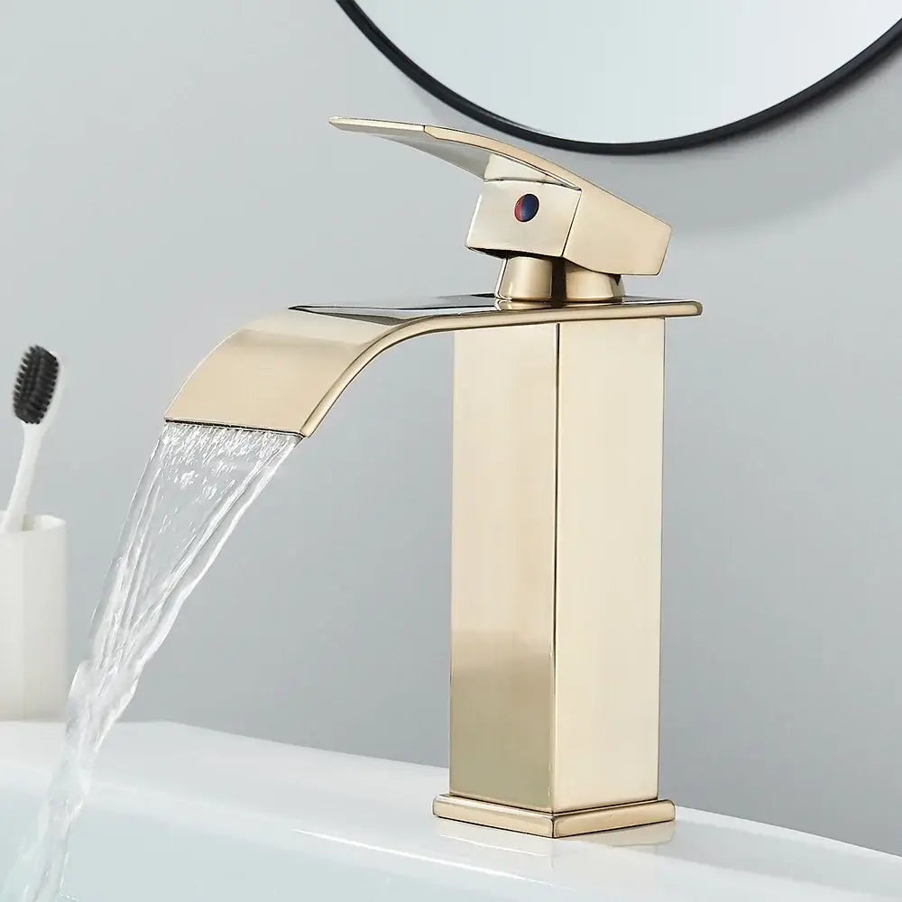 Robinet cascade lavabo — bas ou haut, 3 finitions Bas – Doré brossé Allemagne