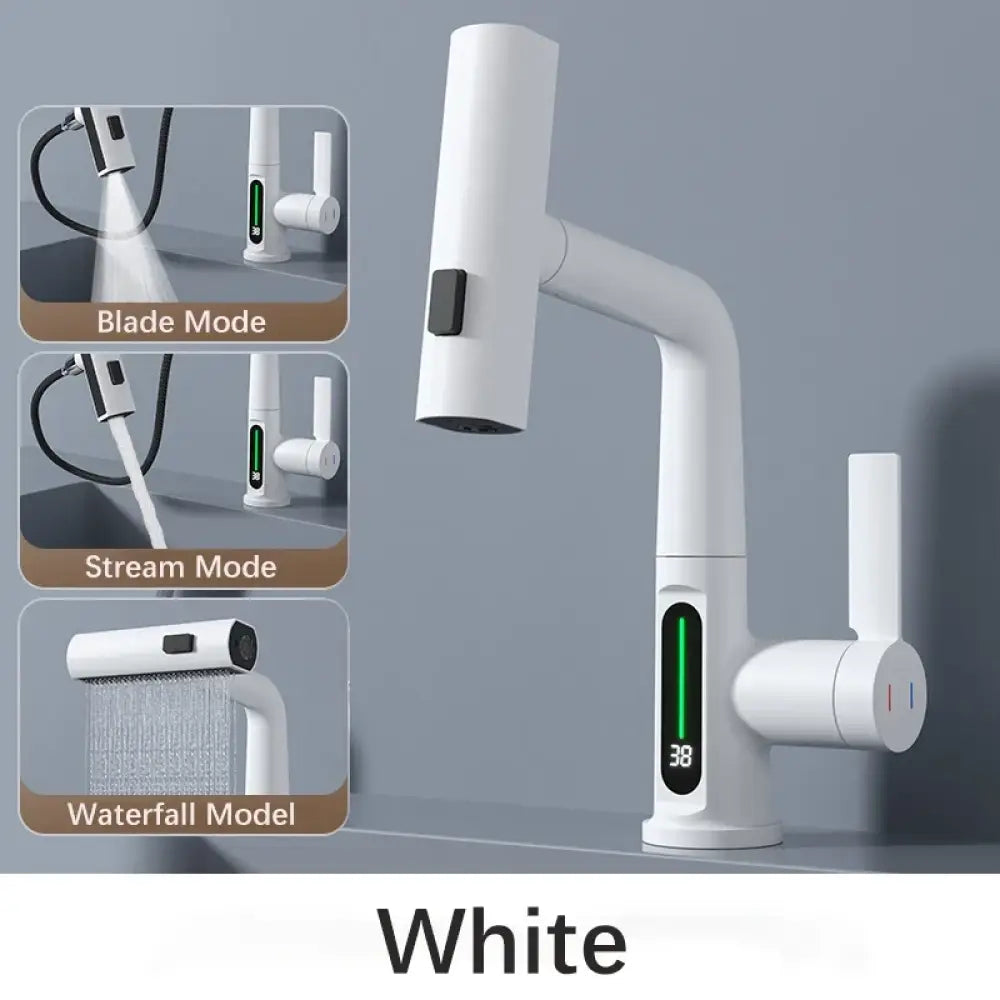 Robinet cuisine extractible à cascade et affichage numérique – variante Blanc
