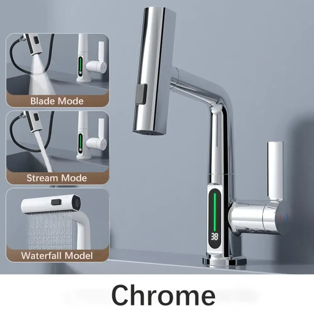 Robinet cuisine extractible à cascade et affichage numérique – variante Chrome