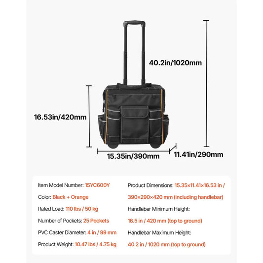 Sac à outils roulant 110 lbs avec 25 poches et poignée télescopique 15 in | 39 cm France