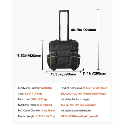 Sac À Outils Roulant 110 Lbs Avec 25 Poches Et Poignée Télescopique - 15 in / France