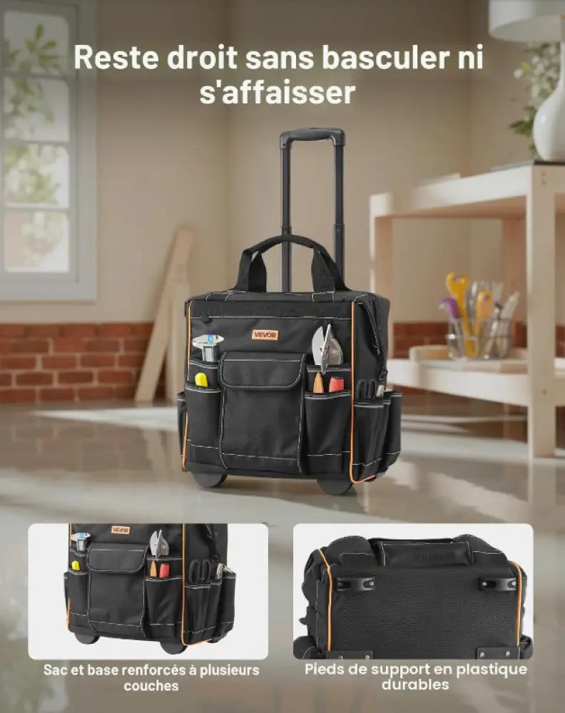 Sac à outils roulant 110 lbs avec 25 poches et poignée télescopique