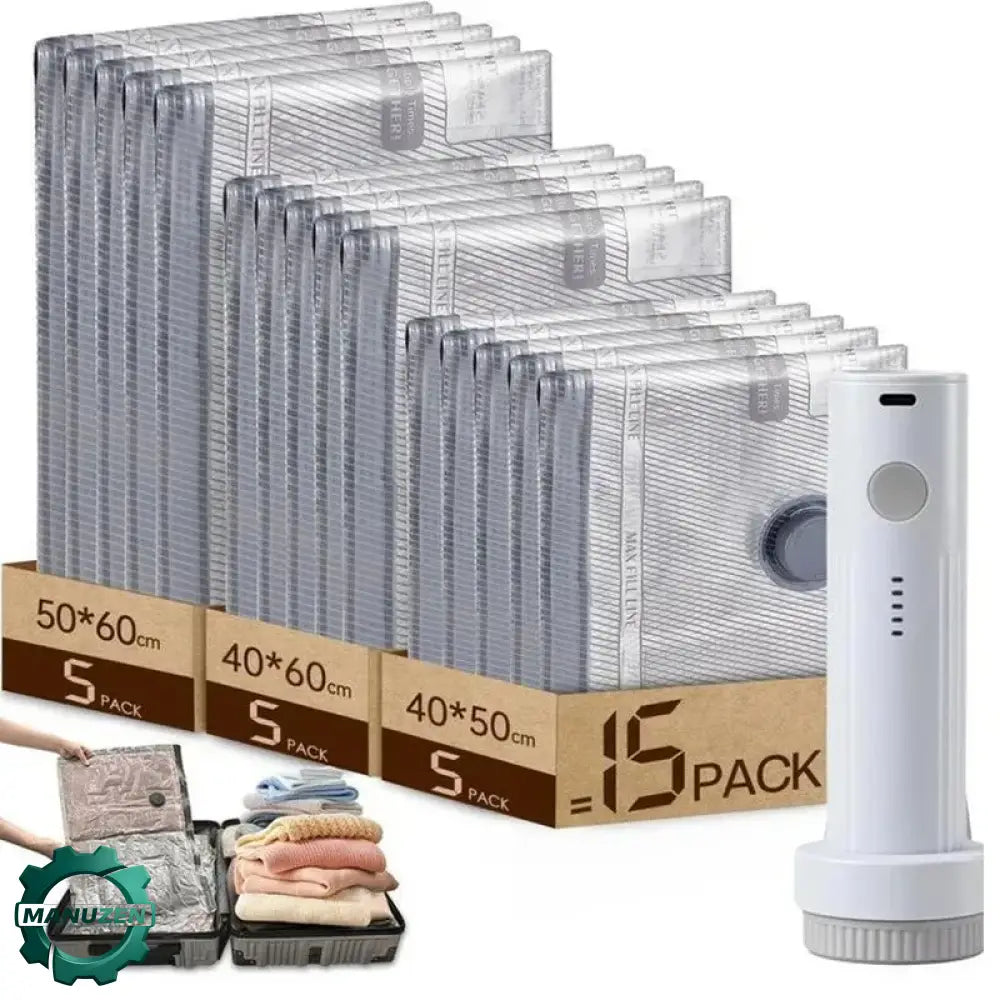 Sacs sous vide avec pompe rechargeable – lots 9 à 15 - 12 sacs – 4 S + 4 M + 4 L / France - sacs sous vide pompe