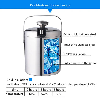 Seau à glace isolé double paroi 1,3 L avec pinces et couvercle