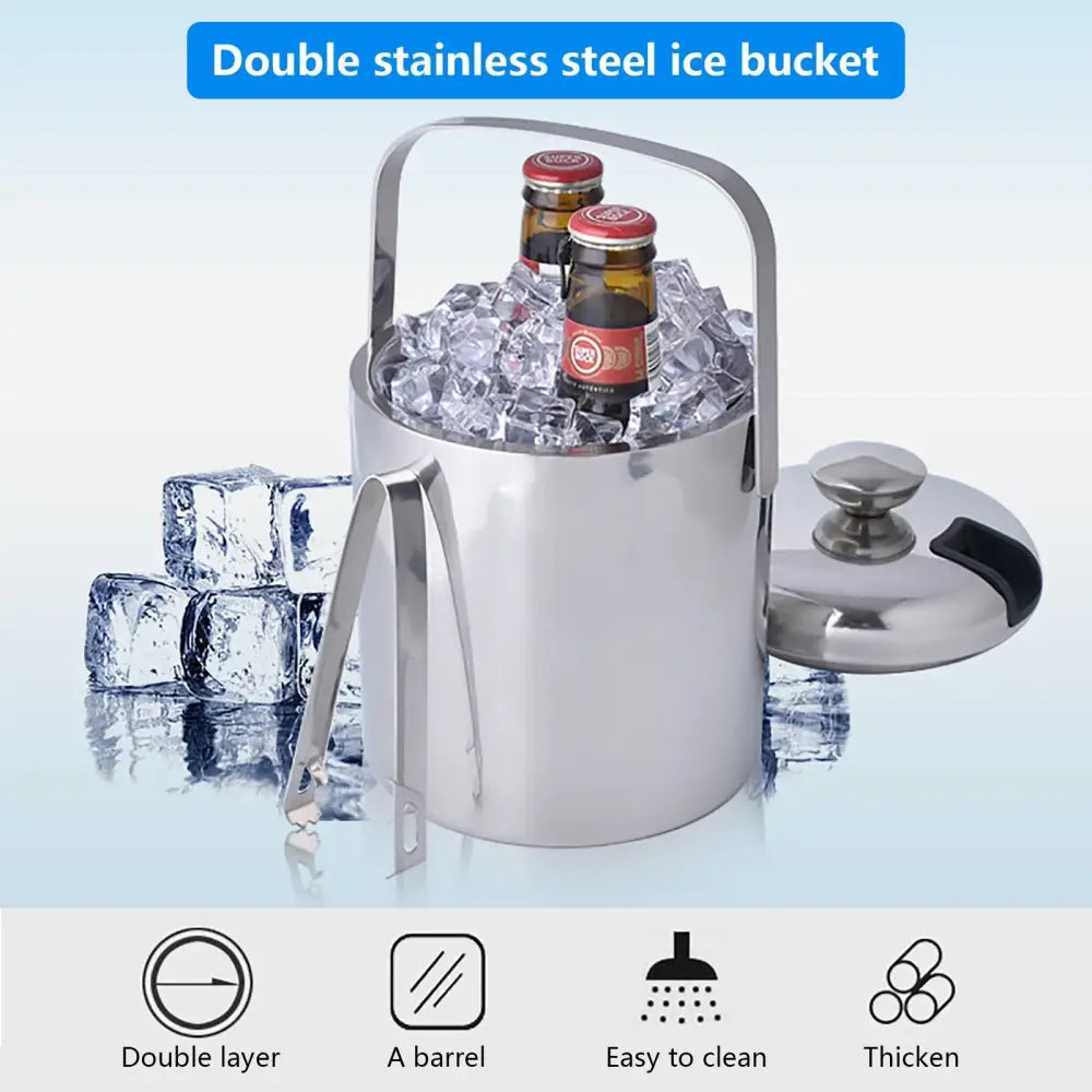 Seau à glace isolé double paroi 1,3 L avec pinces et couvercle