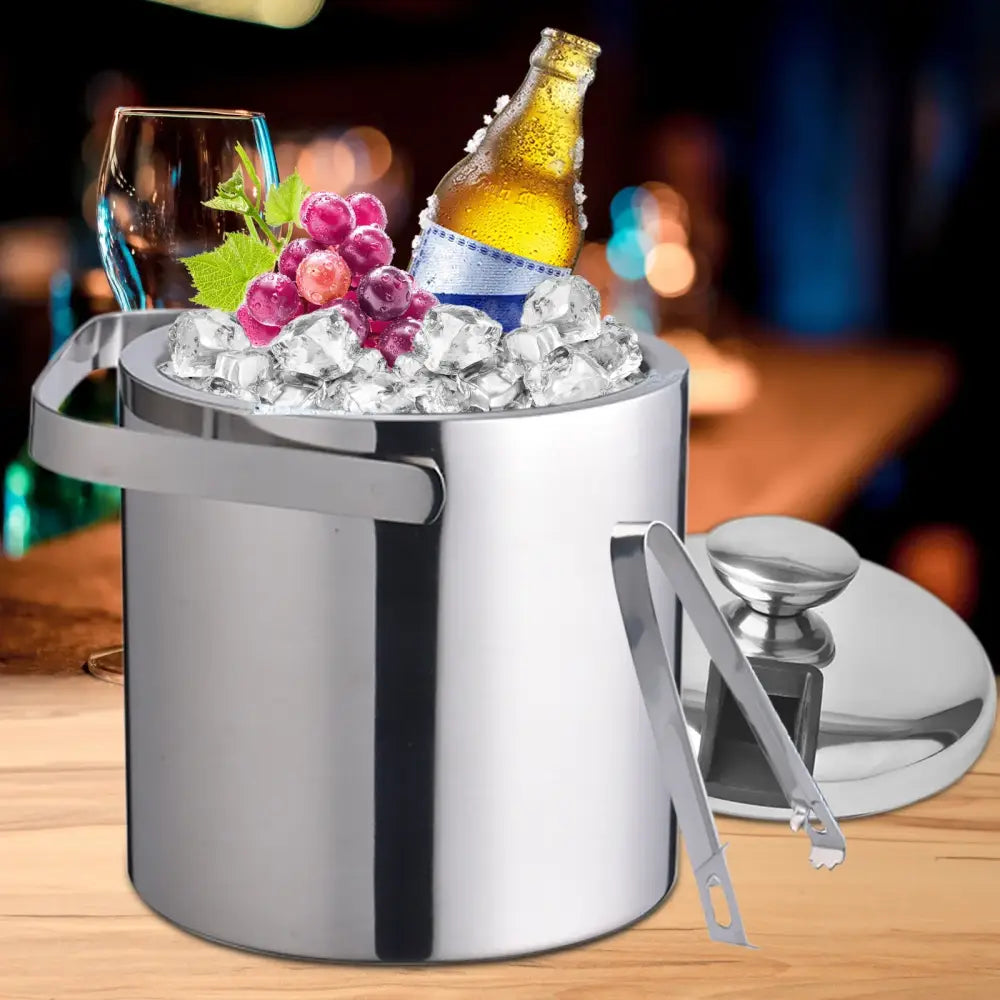 Seau à glace isolé double paroi 1,3 L avec pinces et couvercle