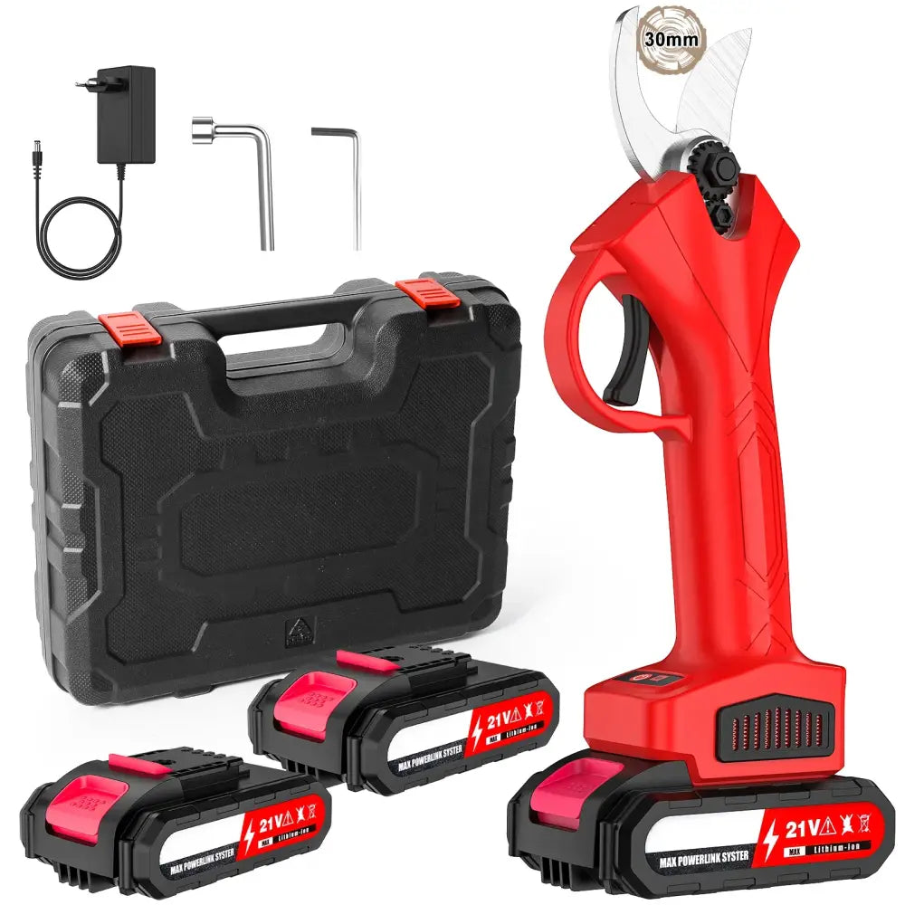 Sécateur Électrique Sans Fil 1200W 25mm - Coupe Puissante Pour Arbres Fruitiers Rouge 2 batteries 1 Chargeur Espagne