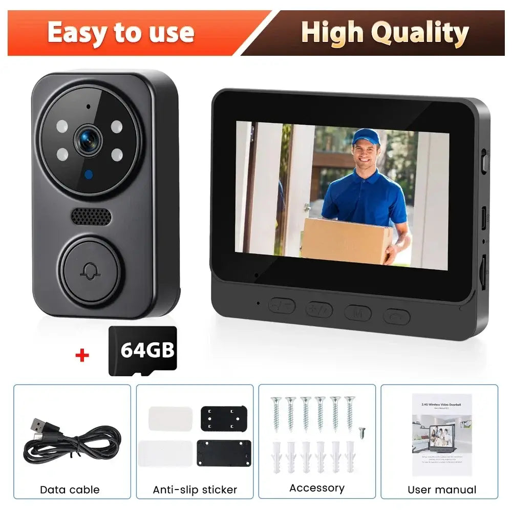 Sonnette vidéo sans fil avec écran IPS 4,3 pouces – variante Sonnette + carte 64 Go