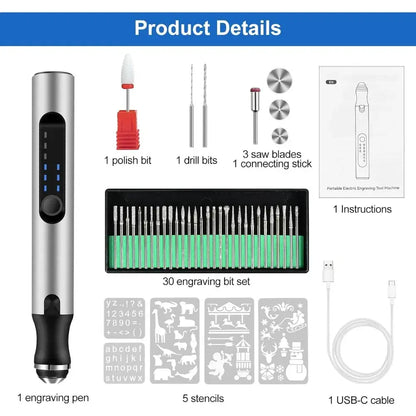 Stylo graveur électrique USB avec 37 embouts – détail 4