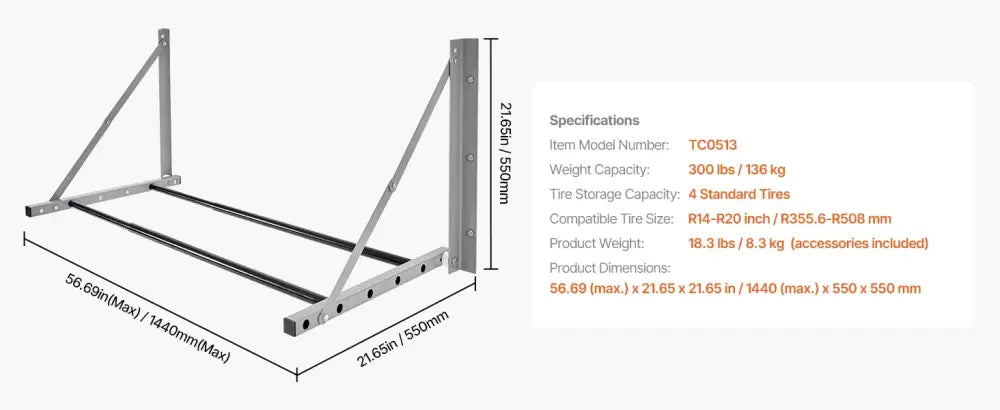 Support pneus mural réglable 81–122 cm – fixe ou pliable - support pneus mural réglable