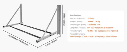 Support pneus mural réglable 81–122 cm – fixe ou pliable - support pneus mural réglable