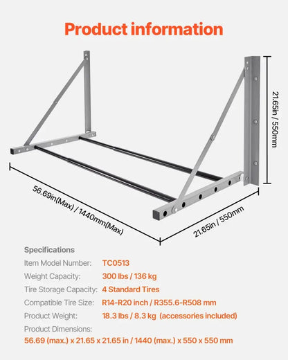 Support pneus mural réglable 81–122 cm – fixe ou pliable - Pliable / États-Unis - support pneus mural réglable