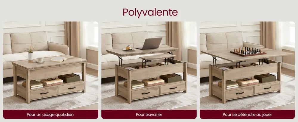 Table basse relevable avec rangement et 2 tiroirs – 100 × 50 cm