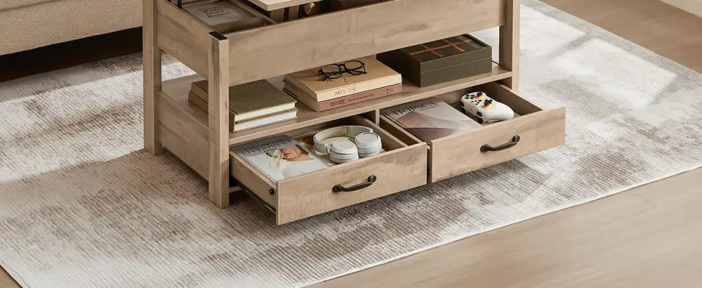Table basse relevable avec rangement et 2 tiroirs – 100 × 50 cm