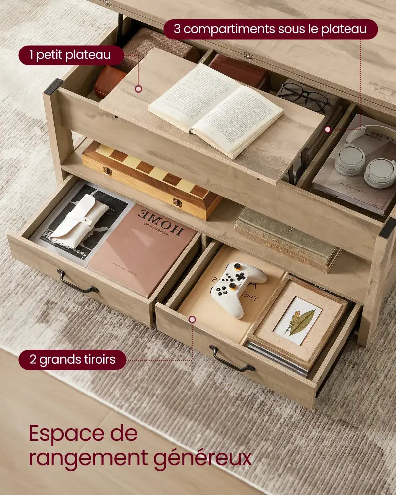 Table basse relevable avec rangement et 2 tiroirs – 100 × 50 cm