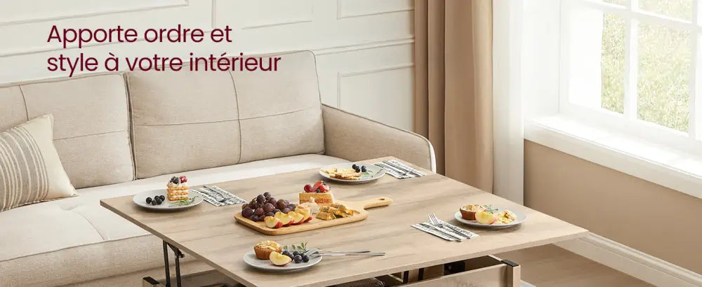 Table basse relevable avec rangement et 2 tiroirs – 100 × 50 cm