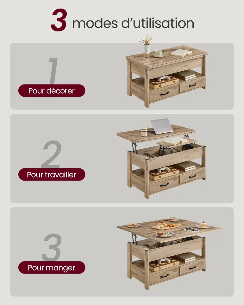 Table basse relevable avec rangement et 2 tiroirs – 100 × 50 cm