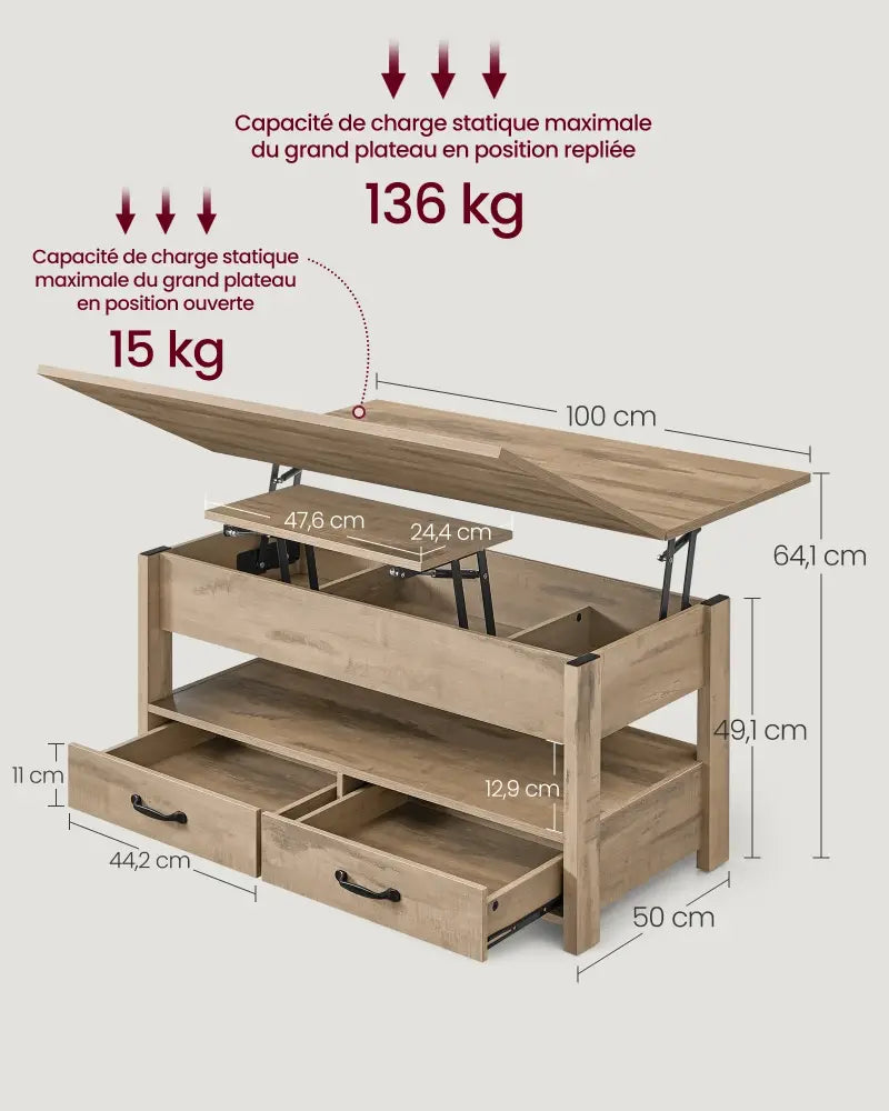 Table basse relevable avec rangement et 2 tiroirs – 100 × 50 cm