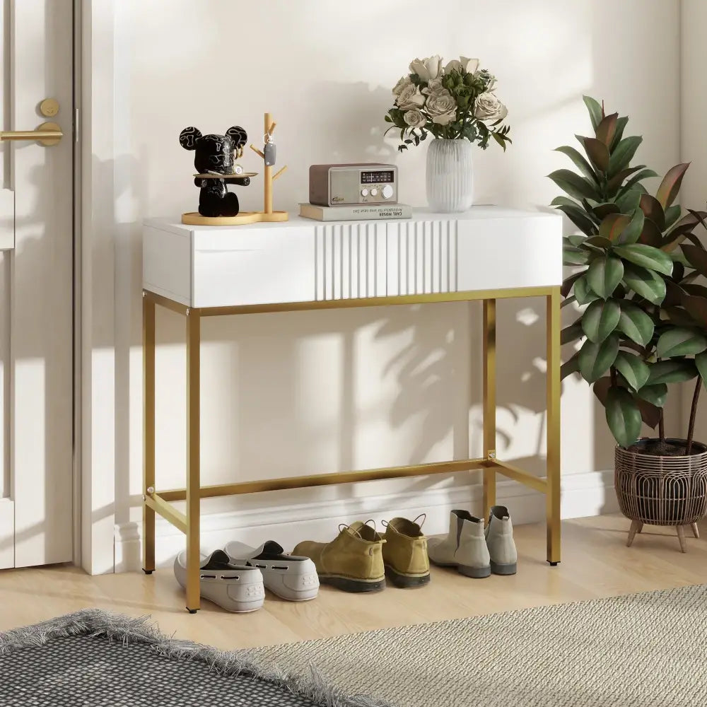 Table console blanche avec 2 tiroirs – 80 × 31,5 × 75 cm