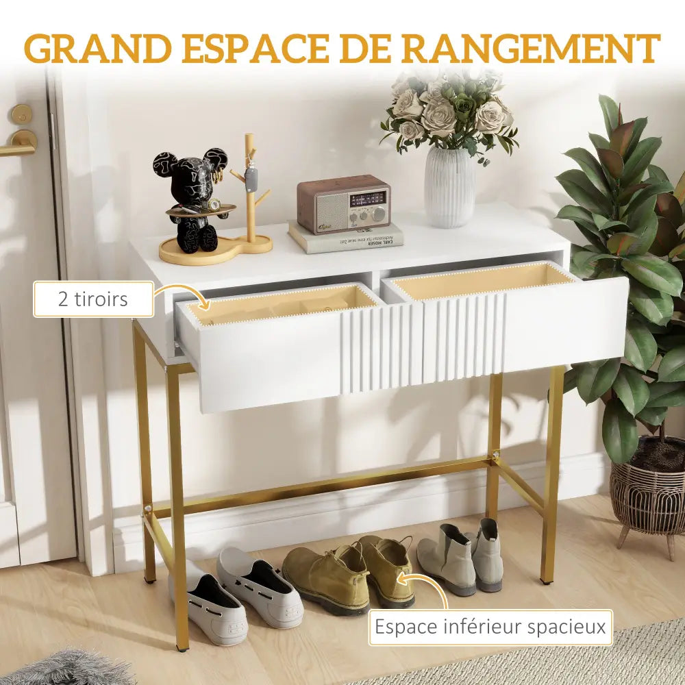 Table console blanche avec 2 tiroirs – 80 × 31,5 × 75 cm