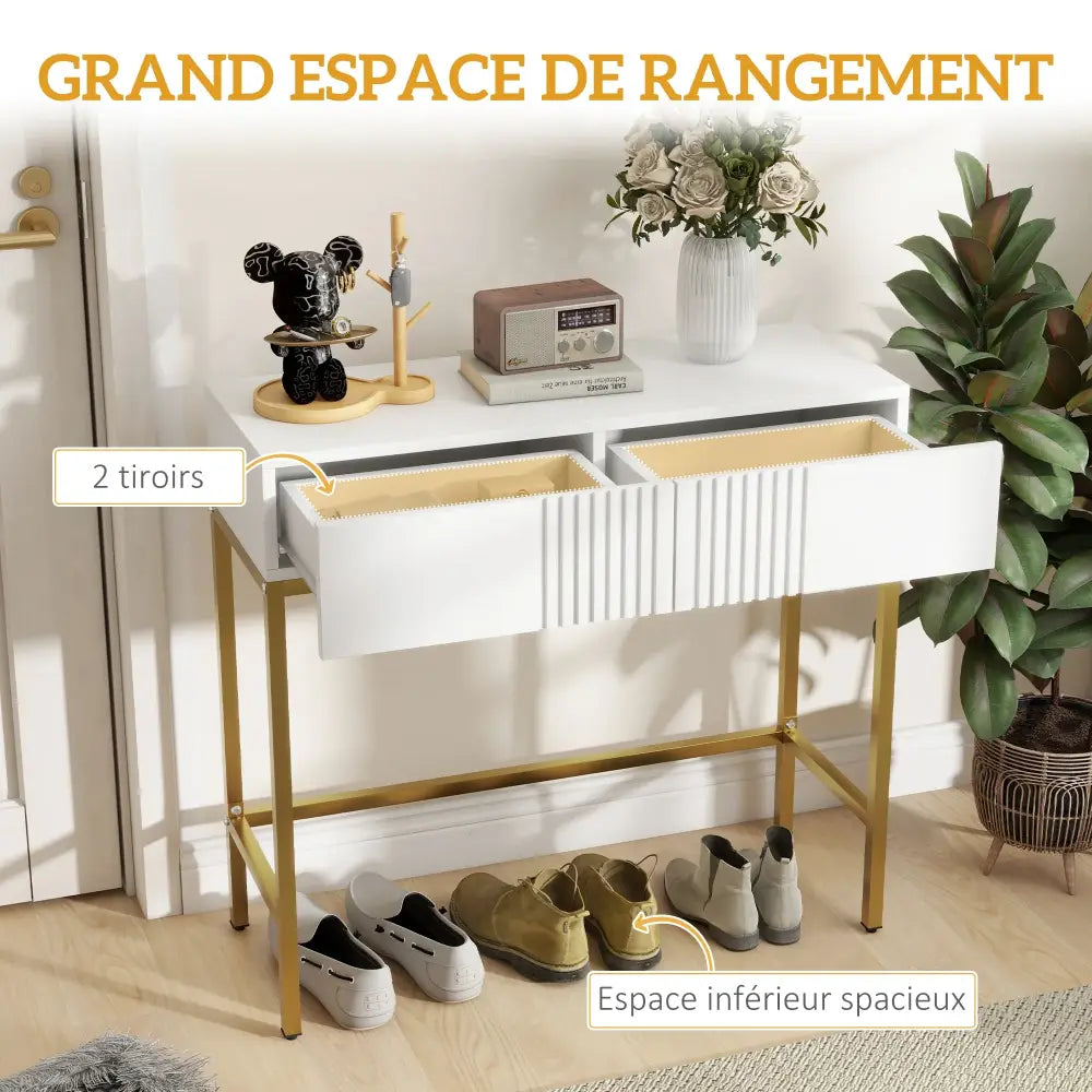 Table console blanche avec 2 tiroirs – 80 × 31,5 × 75 cm
